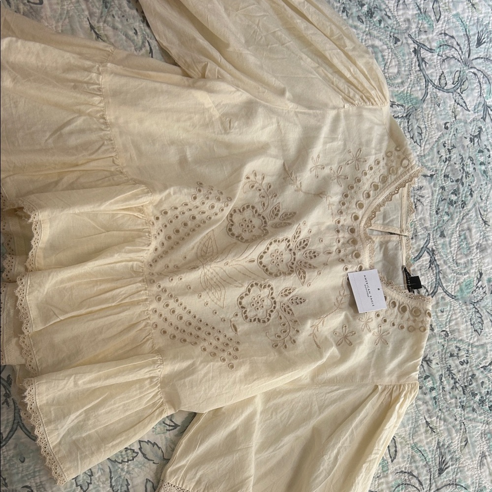 American Eagle Outfitters Cream Embroidered Blouse